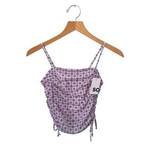 NWT SO Purple White Floral Y2K Daisy Crop Adjustable Ruched Tank Women’s Size S